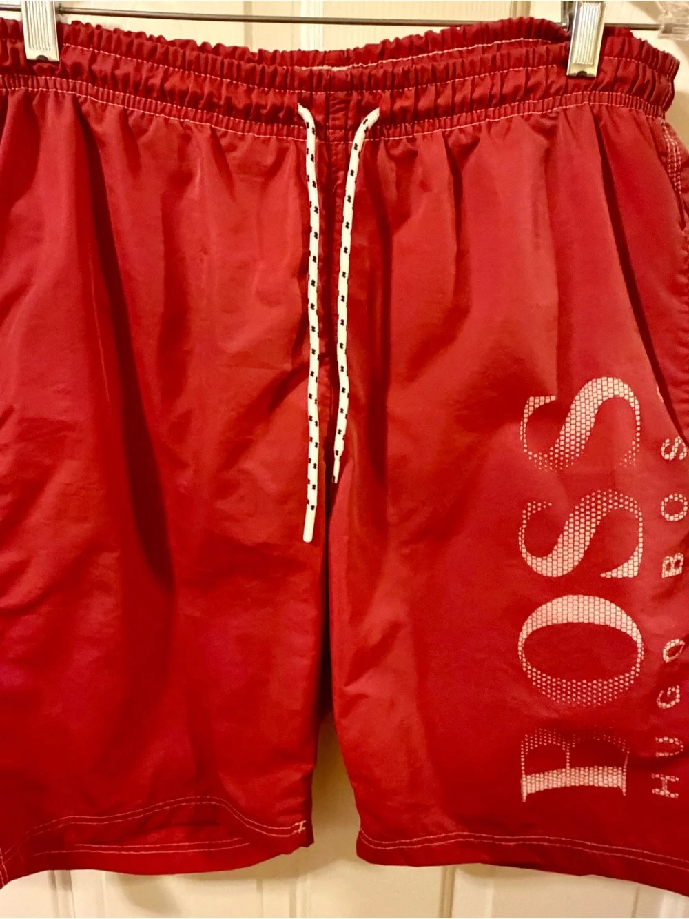 BOSS Hugo Boss Swim Trunks Shorts Mens L Large Red Mesh Lined Elastic Waist Logo